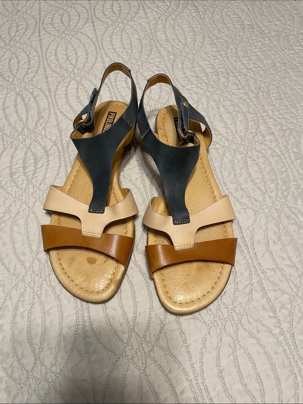 PIKOLINOS Tri-Tone Leather T-Strap Sandals — Gray, Cream & Brown Size 41